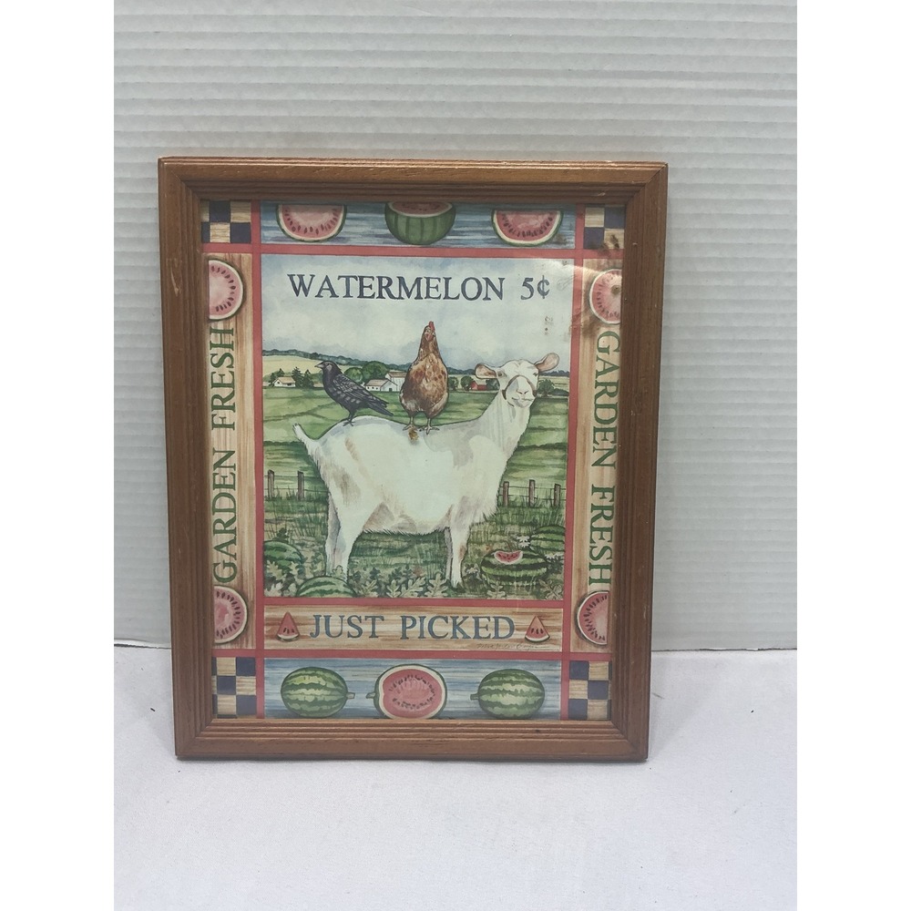 Vintage Farmhouse Goat Watermelon Wall Art Framed Print Garden Fresh Decor
